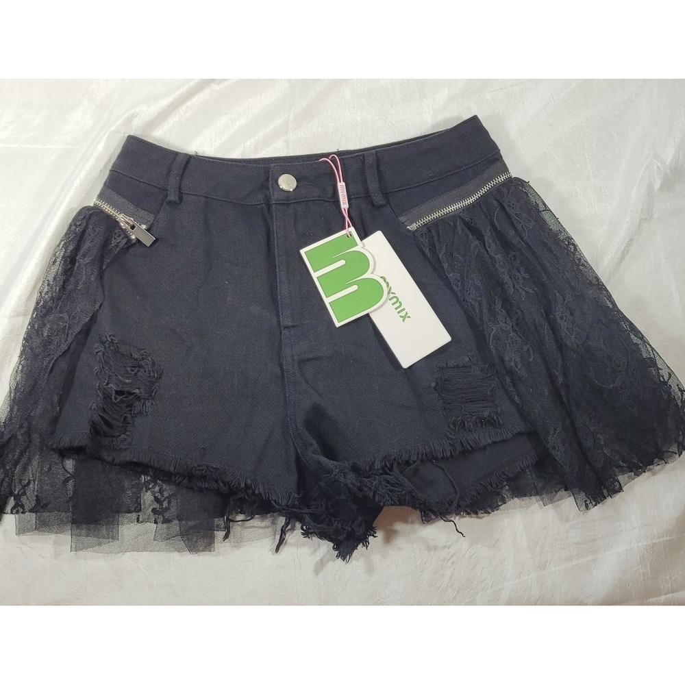 MyMix Women's Punk‎ Rock Denim Jean Ripped Shorts w/ Lace Skirt - Black - Medium